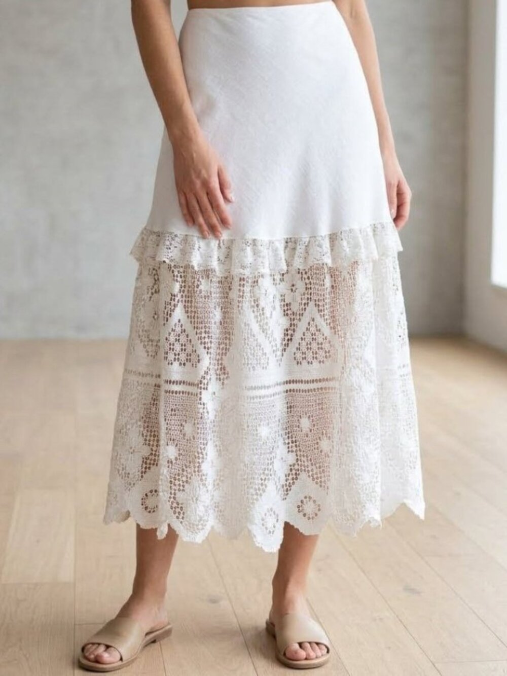 Upcycled OOAK Sz M / L Linen Blend White Lace Midi Skirt Cottagecore Boho Rework